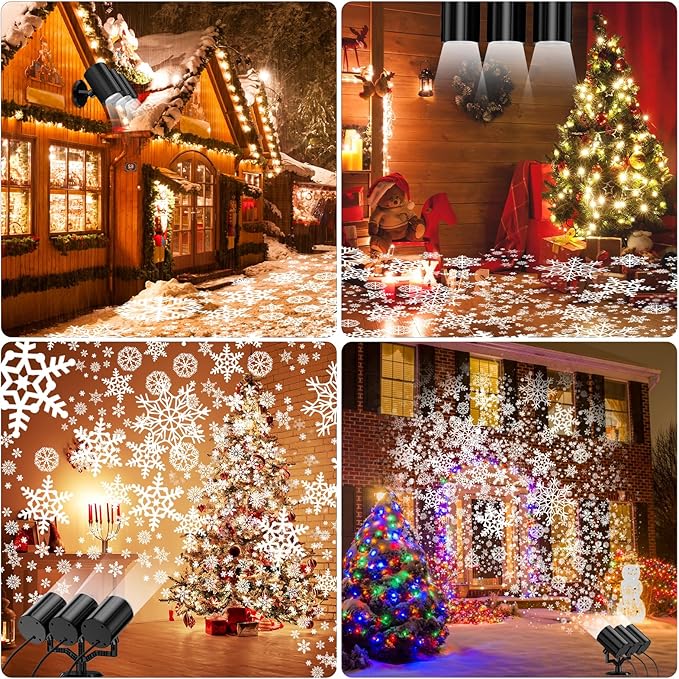 Christmas Snowflake Projector Lights Outdoor 360°Rotating Brightness Three Head Projection Lights Decor Suitable for Christmas, Indoor and Outdoor Party Decorations