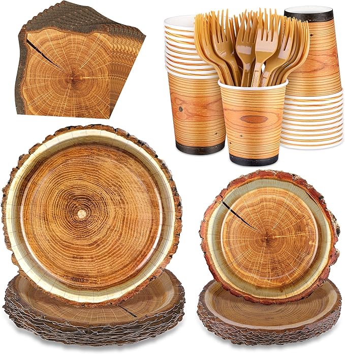 Kochorie 144 Pieces Rustic Wood Party Supplies, Wood Grain Slice Tableware Sets Including Disposable Paper Plates Napkins Cups Forks Serves 24 for Camping Birthday Forest Themed Party Decorations