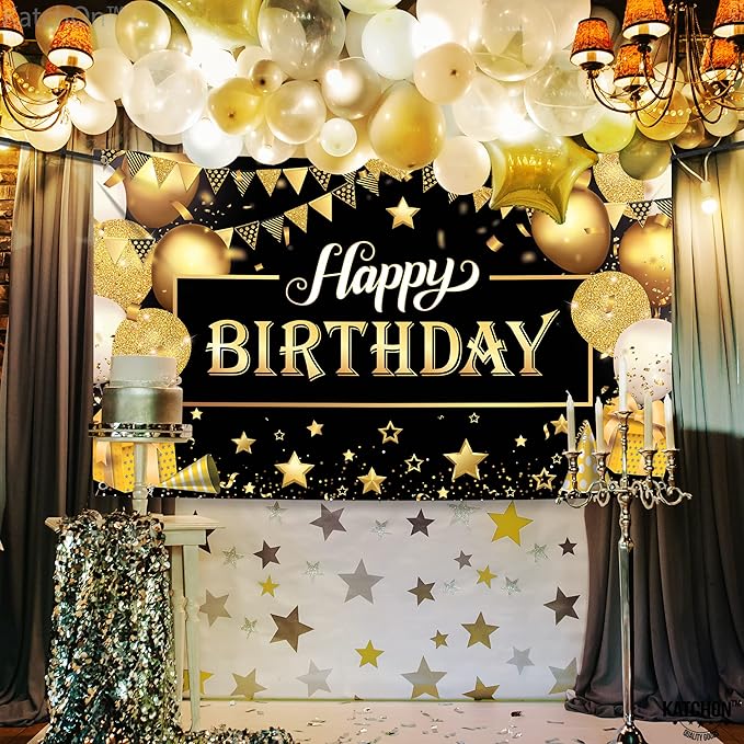 KatchOn, Happy Birthday Banner Black and Gold - Large 72x44 Inch | Happy Birthday Decorations for Men and Women | Black and Gold Birthday Backdrop | Birthday Party Decorations for Men & Women