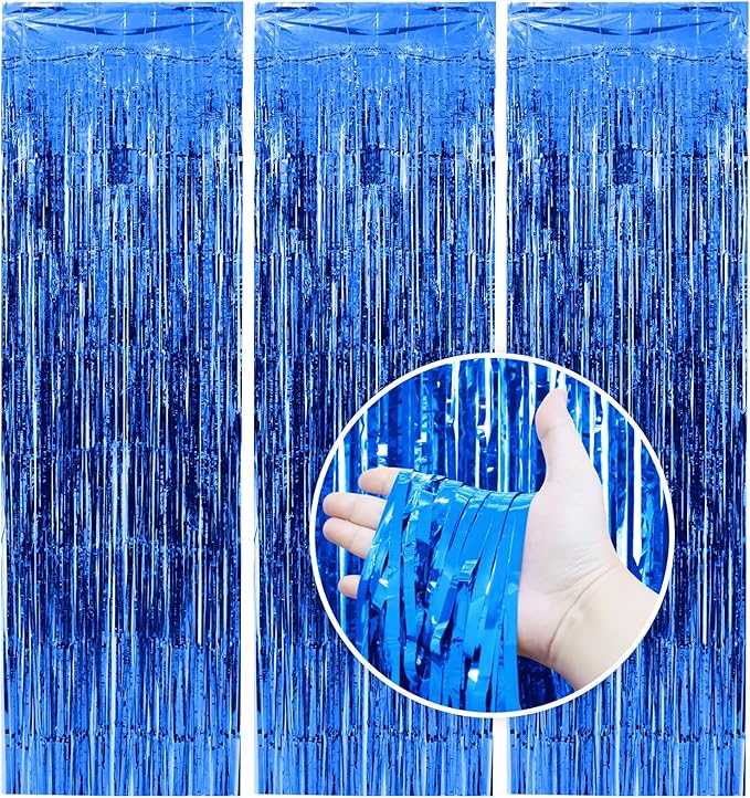 Homiest 3 Pack Royal Blue Tinsel Backdrop, 3.3x6.6 FT Metallic Tinsel Foil Fringe Curtains Party Decorations, Birthday Door Streamers for Baby Shower Wedding, Photo Booth Props Background Wall Decor