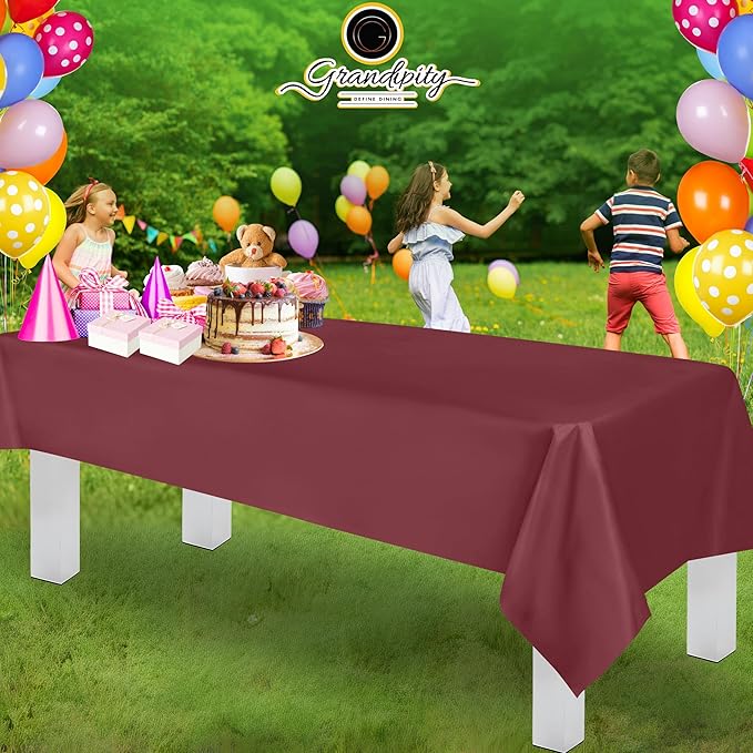 Grandipity 12 Pack Premium Disposable Plastic Tablecloth 54 Inch. x 108 Inch. Decorative Rectangle Table Cover - Burgundy