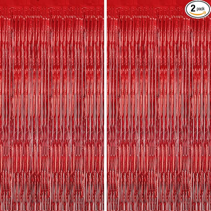 2 Pack Foil Fringe Backdrop - Red Shiny Tinsel Curtains for Party Decoration/Photo Booth Props - 3.3x6.6 FT Metallic Foil Backdrop for Birthday, Wedding, Graduation, Christmas.