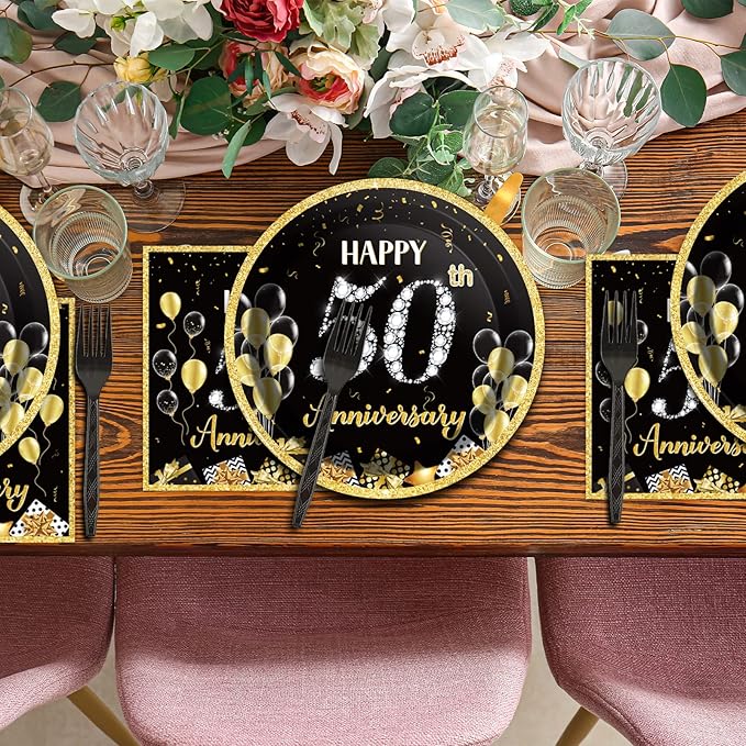 96 Pcs 50th Anniversary Party Paper Plate Napkin Fork Employee Career Wedding 50th Anniversary Gold Black Disposable Paper Dessert Dinner Tableware Fiftieth Anniversary Party Supplies Favors 24 Guests