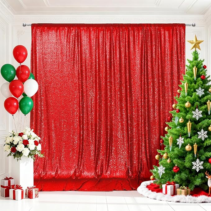 PartyDelight Red Sequin Backdrop 6x6ft - High Density 3mm Shimmer Sequin Background with 4-Inch Rod Pocket, Sparkly Photography Curtain for Birthday, Christmas, TikTok & Live Decor