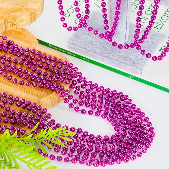 50PCS Bead Necklace, Metallic Mardi Gras Pink Bead Necklace, 33" Mardi Gras Round Beaded, Festival Parade Throw for Breast Cancer Awareness Accessories Gender Reveal Party Supplies Decor