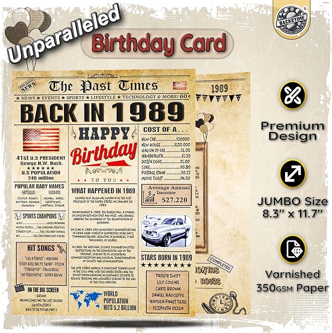 37th Birthday Card for Women Men - Back In 1989 Newspaper - 37 th Happy BIRTHDAY card - 37 birthday gift for Her Him - JUMBO size - 37th birthday decorations Dad Mom - Best gifts for 37 year old