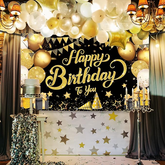 KatchOn, Black and Gold Happy Birthday Banner Sign - XtraLarge, 72x44 Inch | Black and Gold Backdrop Banner for Happy Birthday Decorations | Party Decorations for Men and Women