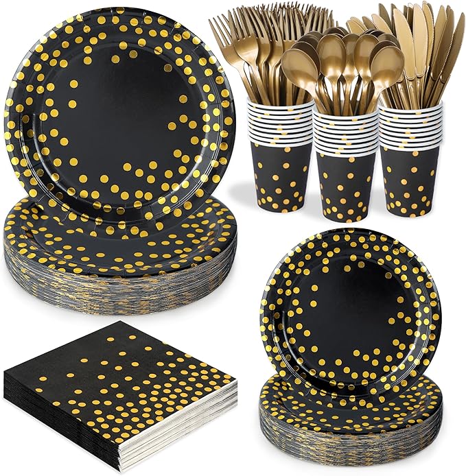 175 Pcs Black and Gold Party Supplies, Serves 25 Black Gold Foil Dot Disposable Dinner Tableware Set Gold Plastic Forks Spoons Knives Plates Napkins Cups Party Supplies for Birthday Wedding Graduation