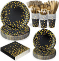 175 Pcs Black and Gold Party Supplies, Serves 25 Black Gold Foil Dot Disposable Dinner Tableware Set Gold Plastic Forks Spoons Knives Plates Napkins Cups Party Supplies for Birthday Wedding Graduation