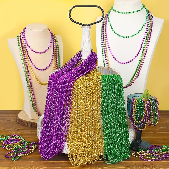 15PCS Mardi Gras Beads, Green Purple Gold Mardi Gras Necklace Accessories, 33" Round Festival Beads Carnival Party Favors Bulk, Necklace for Parade Throws Party Decorations Costumes Supplies