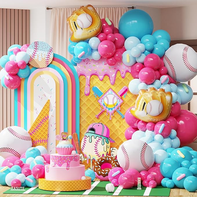 Ice Cream Drip Baseball Birthday Party Decorations, 133PCS Baseball Balloon Arch Garland Kit Ice Cream Theme Hot Pink Latex Balloons with Baseball Foil Balloons for Birthday Baby Shower Party Supplies
