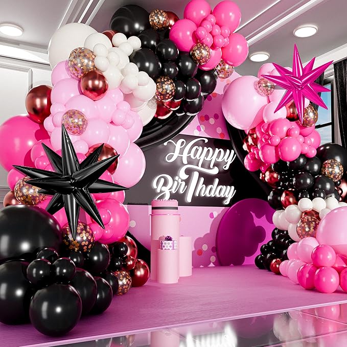 ALL-IN-1 Pink and Black Balloons Arch Kit with BONUS Starburst Balloons – Pink Black and White Balloons for Hot Pink and Black Party Decorations for Birthday, Boss Baby, Mean Girls, Barbie, Minnie