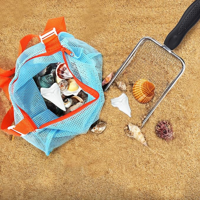 Vodolo 2 PCS Beach Mesh Shovel with 2 PCS Mesh Beach Bag for Filter Sand, Kids Shell Collecting Scooper for Picking Up Shells, Shark Tooth Sifter for Boys and Girls, Beach Toy