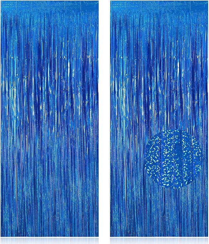 2 Pack Fringe Curtains Backdrops, Foil Fringe Curtains, Door Streamers for Birthday Wedding Bridal Shower Holiday Graduation Party Decorations, Photo Booth Backdrops, Glitter Blue