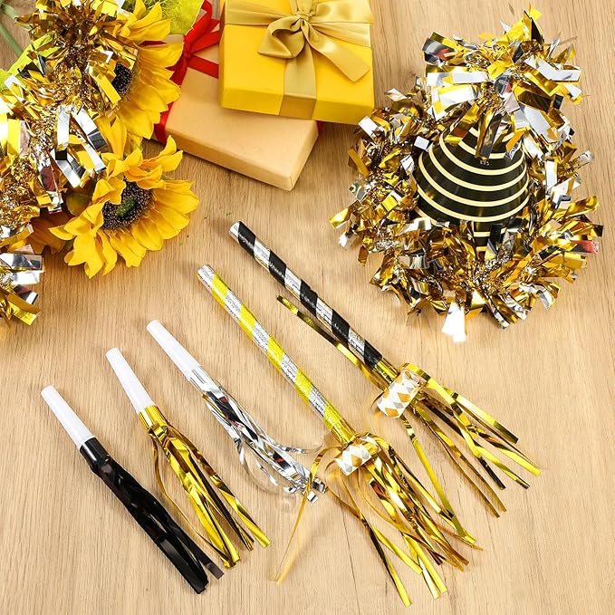 Lenwen 36 Pcs 2026 New Years Eve Party Supplies Including 12 New Year Cone Hats 24 Noise Makers Horns Blowouts Tassel Squawkers Blowers for Eve Party Decoration