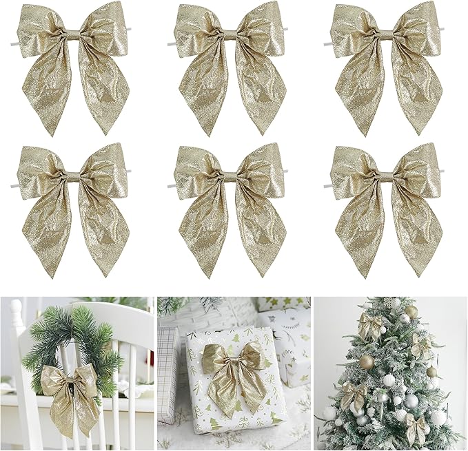 AIMUDI Champagne Glitter Wired Ribbon Bows with Twist Tie 5.5" Premade Metallic Christmas Bows for Gift Wrapping, Wreath, Garland, Holiday Crafts Party Home Outdoor Christmas Tree Decorations, 12 PCs