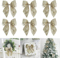 AIMUDI Champagne Glitter Wired Ribbon Bows with Twist Tie 5.5" Premade Metallic Christmas Bows for Gift Wrapping, Wreath, Garland, Holiday Crafts Party Home Outdoor Christmas Tree Decorations, 12 PCs