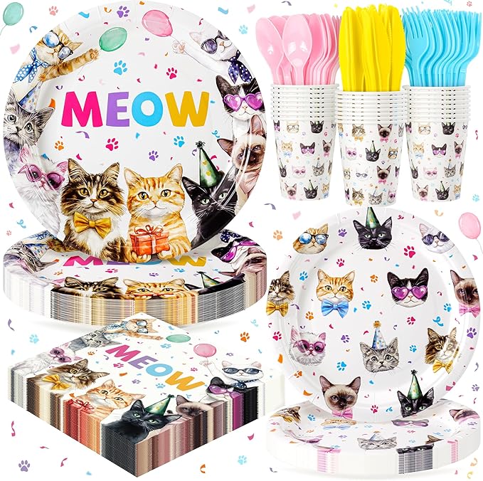 Cats Happy Birthday Party Plates Set, 168PCS Cats Themed Paper Plates Napkins Cups and Colorful Cutlery Set, 24 Set Cat Disposable Tableware Set for Birthday Party Supplies