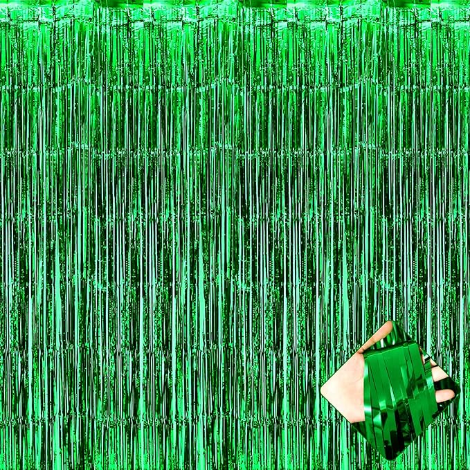 4 Pack 3.3Ft x 6.6Ft Green Foil Fringe Curtain Backdrop, Metallic Tinsel Foil Fringe Streamers Curtains Background for Photo Booth, Birthday, Wedding, Halloween, Christmas Party Decoration