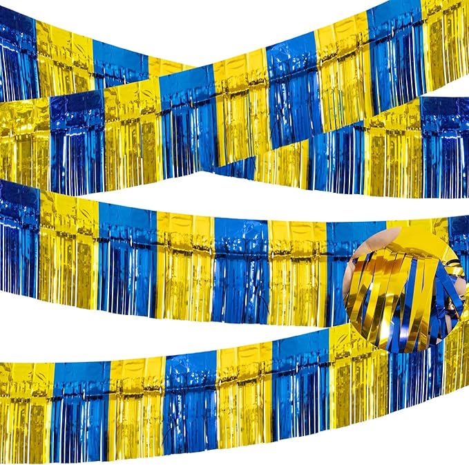 4 Packs Total 39 Ft Graduation Parade Floats for Trailer Car, Blue Gold Foil Fringe Garland Tinsel Streamers Banner Table Skirts for Graduation Homecoming Birthday Party (Royal Blue Gold)