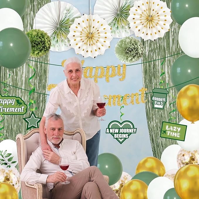 40PCS Retirement Party Decorations Sage Green Happy Retirement Banner Paper Fans Foil Curtains Hanging Swirls Tissue Pom Poms Balloons Decor