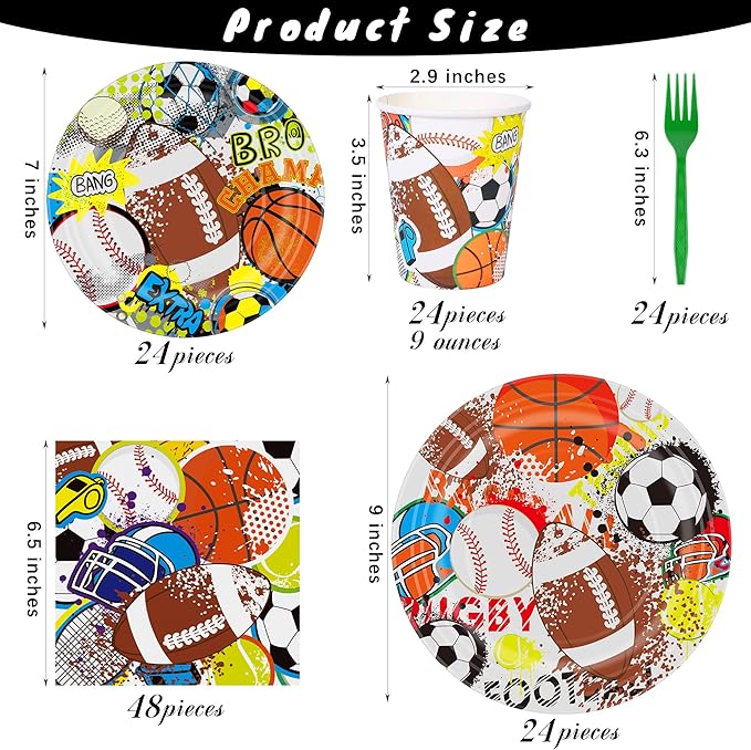 durony 144 Pieces Sports Themed Paper Plates and Napkins Dinnerware Set Sports Birthday Party Tableware Paper Plates Napkins Forks Serve 24 for Rugby Baseball Basketball Soccer Party Supplies
