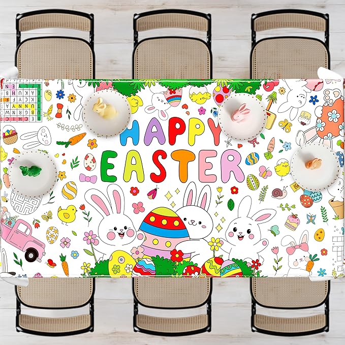 Giant Easter Coloring Tablecloth, 54" x 108" Easter Crafts Table Cloth, Coloring Tablecloth Disposable for Crafts Party Decorations, Rectangular Painting Poster Banner Art Activities with Bunny Eggs