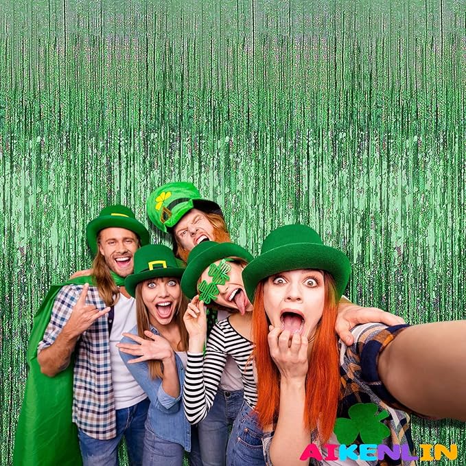 4 Pack 3.2Ft x 8.2Ft Light Green Foil Fringe Curtain Backdrop, Metallic Tinsel Foil Fringe Streamers Curtains for Photo Booth, Birthday, Wedding, Disco, Bachelorette, Christmas Party Decoration
