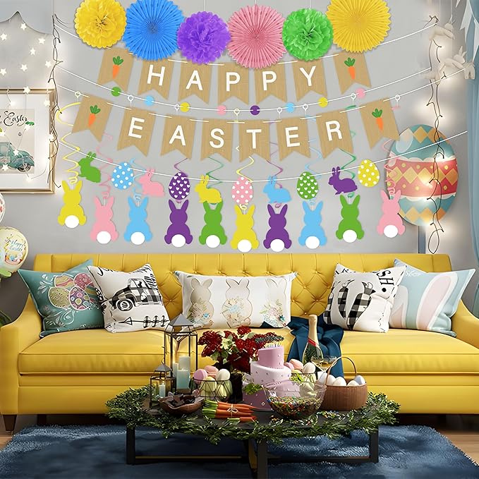 Easter Party Decorations Set for Home: Happy Easter Banner Bunny Hanging Swirls Yellow Purple Green Pom Pom Ornaments Spring Decor for Indoor Birthday Party Supplies