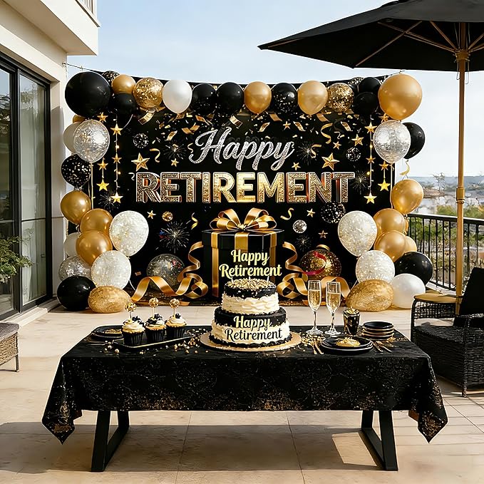 Retirement Party Decorations - Extra Thick Fabric Happy Retirement Backdrop Banner, Large 72x43" Black and Gold Photo Booth Props, Elegant Retire Sign for Men Women Office Outdoor Garden Wall Decor