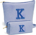 Beach Bags for Women Girl - Summer Beach Toiletry Makeup Bag, Travel Gifts for Her, Summer Personalized Makeup Pouch for Women Girls Birthday Gifts for Womens Girls - Blue Initial K