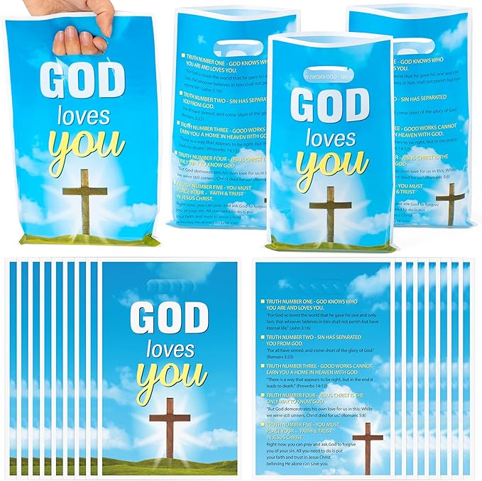 God Loves You Party Favor Bags - 50Pcs Christian Cross Bible Verse Goody Candy Treat Bags for Baptism Party Decorations for Christian Religious Church Sunday School First Communion Events