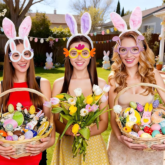 fiintrwa 16PCS Easter Party Glasses Frame Easter Bunny Ears Chick Eggs Glasses Easter Party Decoration Supplies Easter Photo Booth Basket Stuffers for Adults