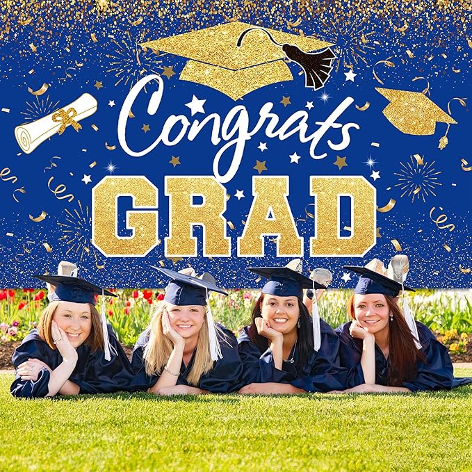 Graduation Party Decorations - Blue Gold Congrats Grad Class of 2026 Backdrop Banner Large Sign Wall Decorations Photography Background Party Supplies for 2026 Graduation Party Decorations