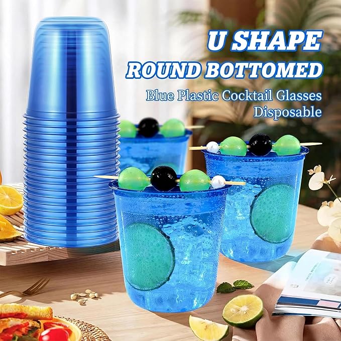 KesaPlan 50 Pcs Blue Plastic Cups, 12oz Disposable Stemless Wine Glasses for Cocktail Clear Wine Cups Cocktail Glasses Blue Party Cup for Wedding Birthday Meeting Christmas Party