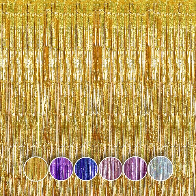 QRabbit 4 Pack Foil Fringe Curtains, Gold Metallic Tinsel Party Streamers Curtains, Backdrop Curtain for Birthday Graduation Engagement Wedding Bachelorette Baby Shower Party Decorations