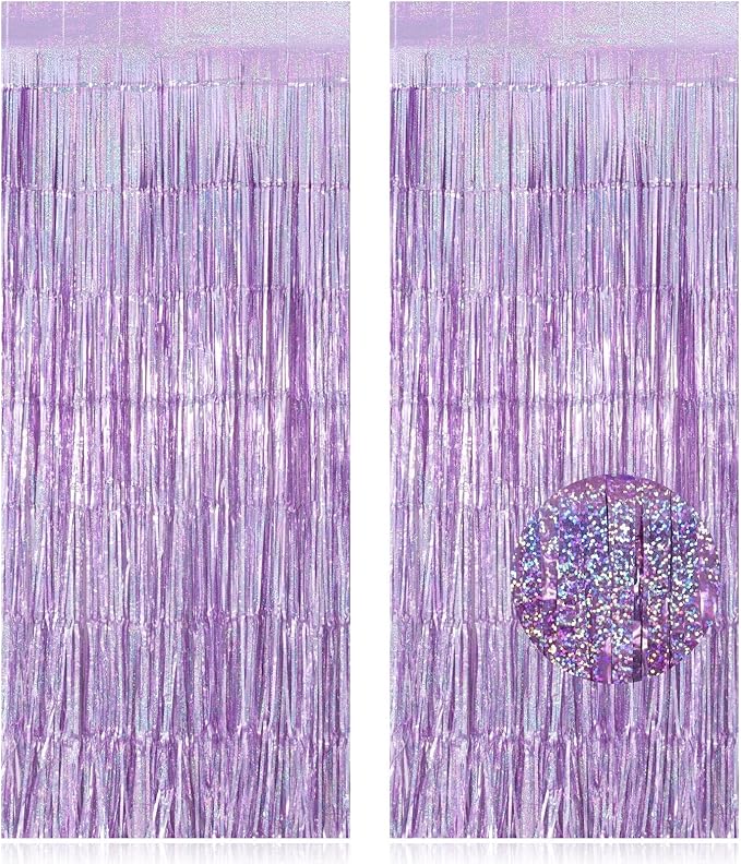 2 Pack Fringe Curtains Backdrops, Foil Fringe Curtains, Door Streamers for Birthday Wedding Bridal Shower Holiday Graduation Party Decorations, Photo Booth Backdrops, Glitter Light Purple