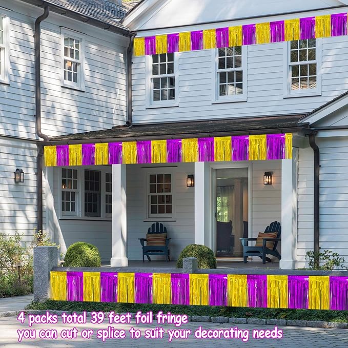 4 Packs Total 39 Ft Graduation Parade Floats for Trailer Car, Purple Gold Foil Fringe Garland Tinsel Streamers Banner Table Skirts for Graduation Homecoming Birthday Party (Purple Gold)