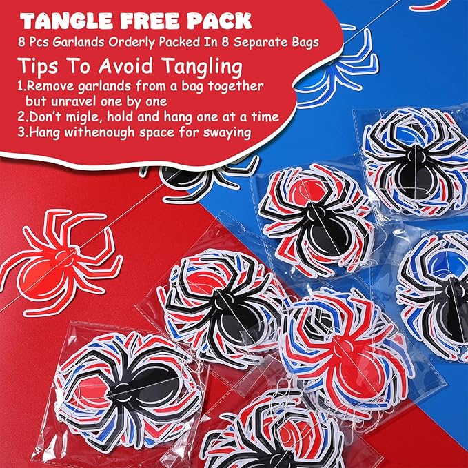 Xinnun Spider Party Decorations Hanging Banners Garland Red Blue Black Spider Banner Cutouts Ribbon Streamers for Birthday Baby Shower Party Decorations Supplies