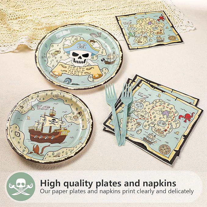 Grencian 96Pcs Pirate Party Supplies Vintage Treasure Map Ship Plates and Napkins Tableware Sets Light Green Pirate Children Theme Decoration for Baby Shower Birthday Theme Party Favors Serve 24
