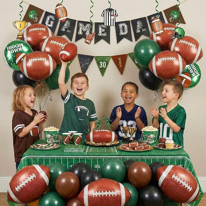 Football Balloons dark green brown black Balloons with Banner Hanging Swirl Goal Post Football Balloons for Sports Birthday Boys first year touch down party decorations