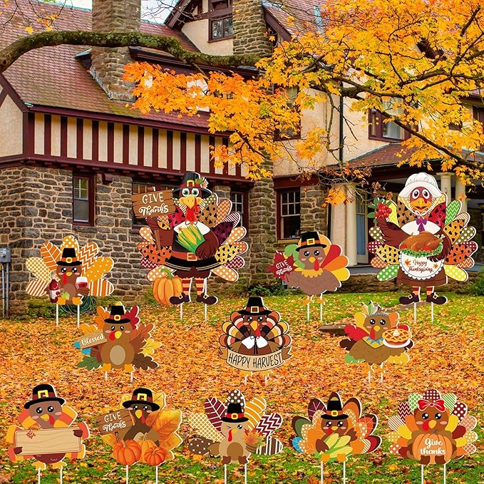 Amyhill 12 Pcs Thanksgiving Turkey Yard Decoration Outdoor Turkey Garden Lawn Signs with Stakes Waterproof Outdoor Decoration for Patio Lawn Walkway Party Decorations