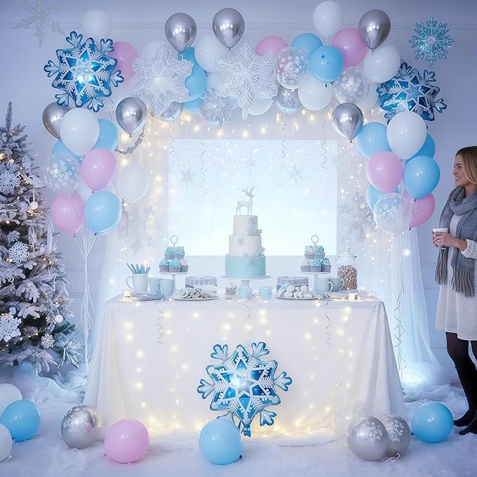 Winter Wonderland Balloon Arch Garland Kit, Light Pink Baby Blue White Balloon with Snowflake Foil Balloons for Christmas Ice Wonderland Snow Baby Shower Gender Reveal Birthday Party Decorations