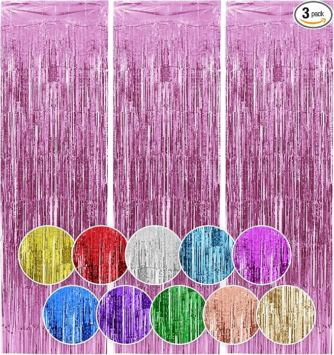 Homiest 3 Pack Pink Tinsel Backdrop, 3.3x6.6 FT Metallic Tinsel Foil Fringe Curtains Party Decorations, Birthday Door Streamers for Baby Shower Wedding, Photo Booth Props Background Wall Decor