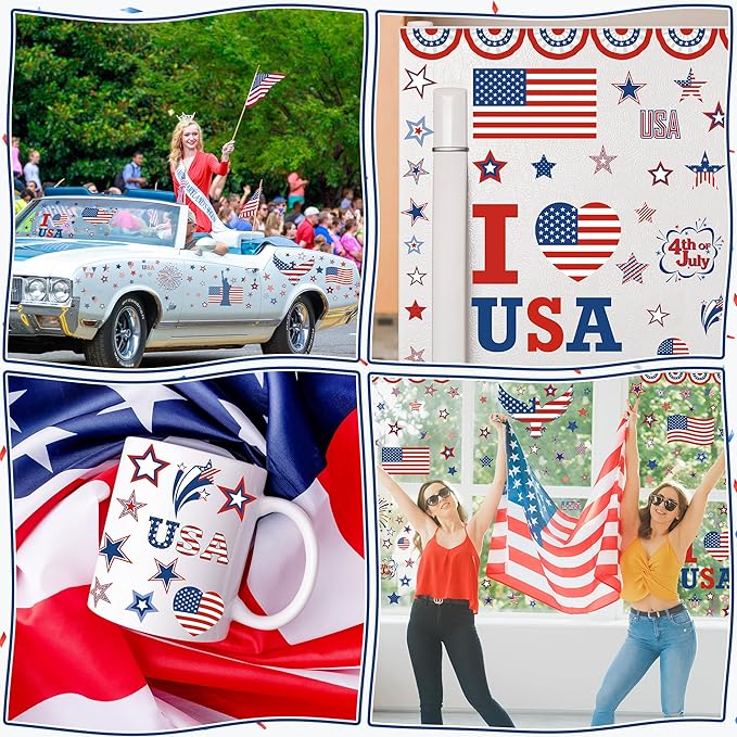 152 Pcs 4th of July Window Clings, 9 Sheets Patriotic Window Clings Decals, Watercolor Double-Sided American Flag Stars Firework Window Stickers for Independence Day Parade Veterans Memorial Day Decor