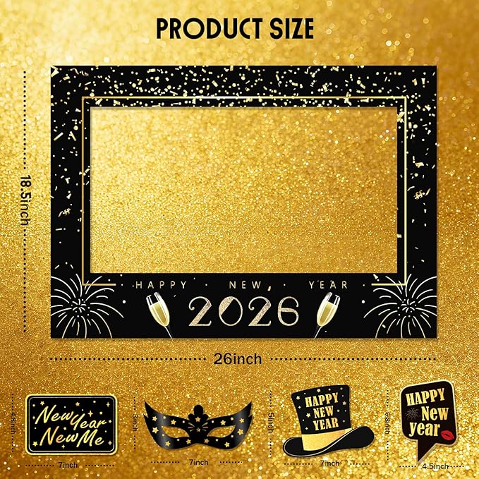 New Years Eve Party Supplies 2026, NYE Decorations Photo Booth Props Kit with Glitter Frame, Black Gold Funny Glasses & Mustache for Selfie (Pack of 17)
