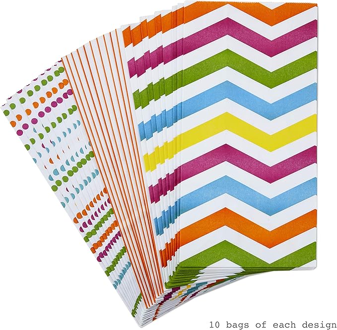 Hallmark Spring Pastel Party Favor and Wrapped Treat Bags, Assorted Designs (30 Ct., 10 Each of Chevron, Dots, Stripes) for Baby Showers, Birthdays, Easter, Mothers Day, Care Packages, May Day