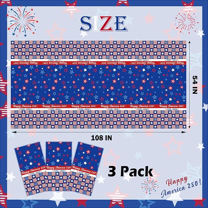 3 Pack America 250 Tablecloths Plastic America 250 Decorations 4th of July Table Covers for 2026 America’s 250th Anniversary Party Disposable Tablecloths