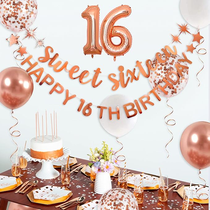 Rose Gold Sweet Sixteen Happy 16th Birthday Banner Garland Foil Balloon 16 for Sweet 16 Decorations 16th Birthday Dercorations for Girls Cheers to 16 Years 16 and Fabulous Party Backdrop Supplies