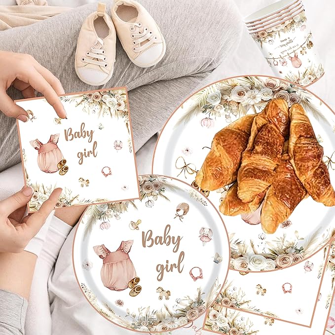 Pink Baby Girl Shower Decorations – 194 PCS A Sweet Girl Is On Her Way Party Supplies for 24 Guests, Includes Plates, Cups, Napkins, Cutlery, Banner & Tablecloth